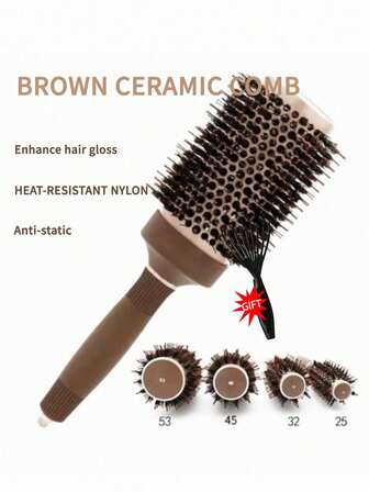 三合一多功能铝制卷发梳，棕色圆梳，集吹风、梳理和造型功能于一体。适合居家和旅行使用。温和呵护直发和卷发。专业美发工具和梳子。沙龙日常造型的必备配件。