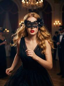 1件装女士蕾丝舞会面具，性感复古黑白串珠花卉镂空波浪边半脸面具，系带眼罩，适合所有季节 - 彩色 - 查看 10