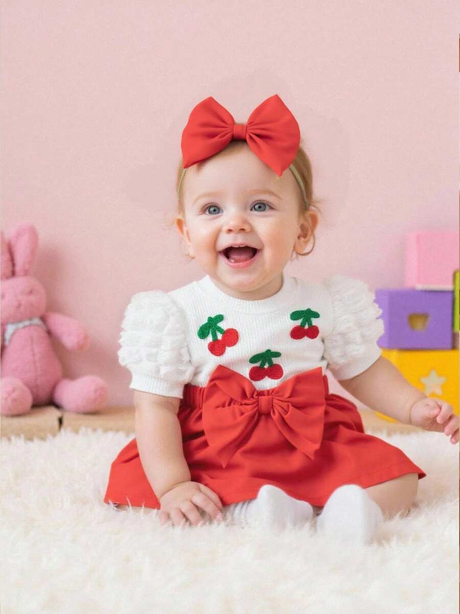 2件套女婴樱桃印花连体衣+蝴蝶结发带休闲套装，春夏款 - 彩色 - 查看 1