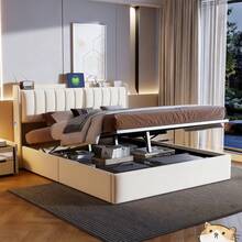 Caluself 90/140/160 X 190/200 Cm Double Bed Frame, Upholstered Bed, Hydraulic Storage Bed, Upholstered Lift Bed With Storage And Headboard With Storage, Wooden Slatted Base, Functional Bed, Youth Bed With Headboard And Slatted Frame, Velvet, Without Mattress - 米色 - 查看 4