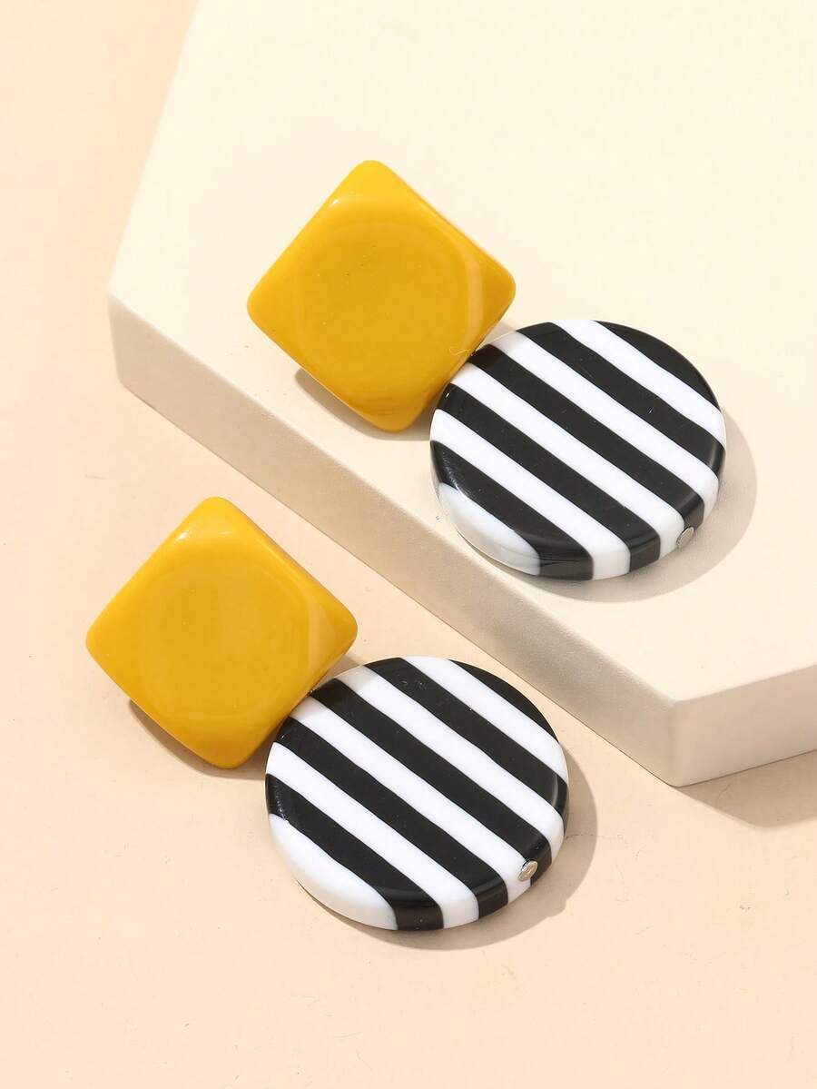 1 par de pendientes de aro grandes de estilo bohemio de resina a la moda, regalo para niñas, joyería - Amarillo, blanco, negro - Ver 1