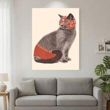 Framed 2D Flat, 1pc Lucha Libre Cat Art Print - Mexican Wrestling Mask Poster With Red & White Stripes, 2D Flat Canvas  With Frame, Modern Wall Decor For Living Room, Office, Bar, Cafe - Unique Gift For Birthdays, Father's Day, Graduation, Mexican Wall Art, Home Decoration, Playful Design, Framed Artwork, Home Decorators, 2D Flat - Đóng khung - Xem 3