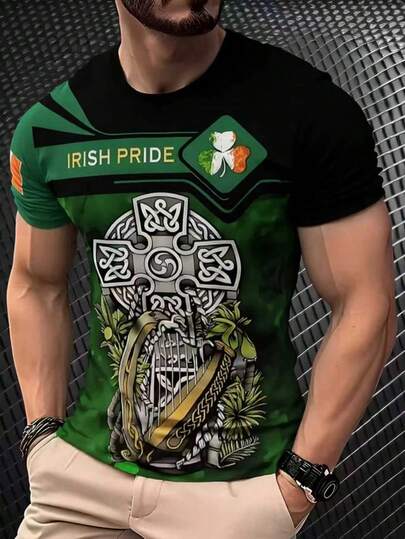 T-shirt homme << Fierté irlandaise » imprimé en 3D | T-shirt décontracté en polyester, motif croix et harpe | Col rond, manches courtes | Lavable en machine | Vert et noir éclatants | T-shirt graphique décontracté arborant un symbole culturel