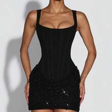 Lace-Up Sequined Halter Bodycon Dress, Fitted Party Dress - 黑色 - 查看 4