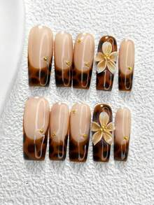10pcs Vintage French Manicure Set, Acrylic Press-On Nails, DIY Brown 5-Petal Carved Nail Decor, Asymmetrical Gold Diamond Decoration, Brown Nail Polish, Great Gift For Women & Girls, Comes With Nail Tools (1pc Jelly Sticker + 1pc Nail File), 3 Sizes: Almond, Duck Mouth, Coffin, Suitable For Weddings, Valentine's Day, Commuting, Parties, Winter Nails Nail Supplies - 彩色 - 查看 4