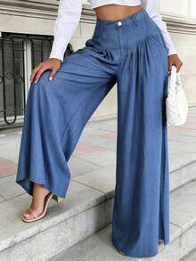 2026 New Spring/Summer Women's Solid Color Casual Elegant Back-To-School Pants, Outing, Date Pleated Wide Leg Pants, Valentine's Day Pants, New Year - Blue - View 5