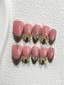 10Pcs Rich Heiress Polygel Nail Set, Acrylic Press On Nails, Golden Bow, Sparkling Asymmetric Round Diamond Embellishment, Brown Nail Polish, Includes Nail Tools, 3 Sizes Available, Almond Nails, Duck Nails, Coffin Nails For Party, Dance, Daily Wear. - 彩色 - 查看 17