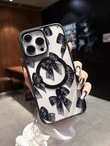 Black Bowknot Pattern Magnetic Ring Phone Case Compatible With Samsung S24/S25/S23 S Series And A55/A15/A15 A Series, Compatible With IPhone 17, 16 Pro Max, 14/13, 12, 11 Pro Max, XS Max, X, XR, 8, 7, Plus, Mini, Can Be Used As Birthday Gift, Girlfriend, Boyfriend Or Self-Use - Multicolor - View 3