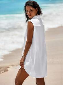 女士无袖泳衣罩衫，V领泳衣罩衫，夏季泳装，比基尼沙滩裙 - 白色 - 查看 3