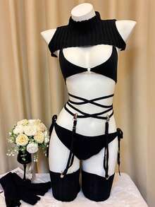 Sexy Cutout Knit Bikini Sweater Cosplay Set For Women – High Neck Anime-Inspired Doll Style Costume, 7-Piece Outfit With Top, Bikini, Gloves, Socks & Garter - 黑色 - 查看 12