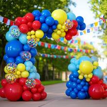 133pcs Carnival Circus Balloon Wreath Arch Set - Red, Blue, Yellow, Rainbow Colors With Confetti, Suitable For Birthdays, Weddings, Graduations, Anniversaries, Bridal Showers, Party Decorations - 彩色 - 查看 7