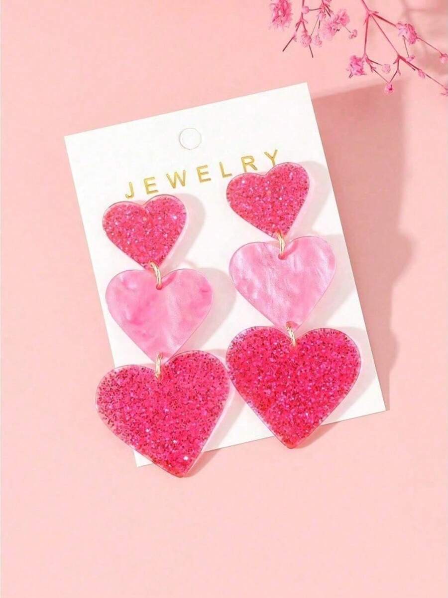 1pair Glitter Pink Heart Acrylic Earrings | Women's Valentine's Day Mother's Day Romantic Gift Jewelry - Nhiều màu - Xem 1