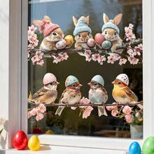 1片复活节装饰玻璃贴纸，采用乙烯基静电窗膜制成，印有可爱的刺猬和小鸟图案，可移除，适用于商店橱窗展示和复活节节日装饰。 - 彩色 - 查看 9