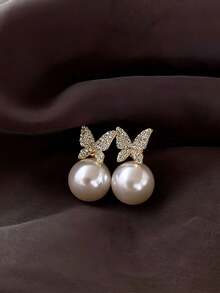 1 Pair Rhinestone Butterfly Faux Pearl Stud Earrings, Elegant Minimalist Unique Design Earrings, Suitable As Birthday, Holiday, Mother's Day Gift For Girls - One-size - View 1
