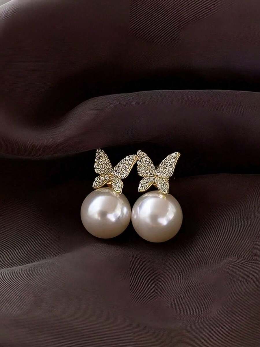 1 Pair Rhinestone Butterfly Faux Pearl Stud Earrings, Elegant Minimalist Unique Design Earrings, Suitable As Birthday, Holiday, Mother's Day Gift For Girls - One-size - View 1