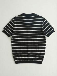 男士条纹针织圆领短袖休闲T恤 - 黑色 - 查看 4