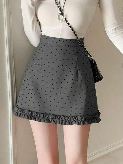 黑色波点荷叶边半身裙，A字型裹身裙，女款，春夏