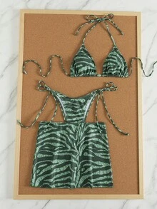 Bộ bikini 3 món dành cho nữ - Màu xanh ô liu, họa tiết da báo, áo tam giác có đệm mút, quần buộc dây và váy, đồ bơi gợi cảm kiểu nghỉ mát biển, thích hợp cho kỳ nghỉ hè. - Nhiều màu - Xem 8