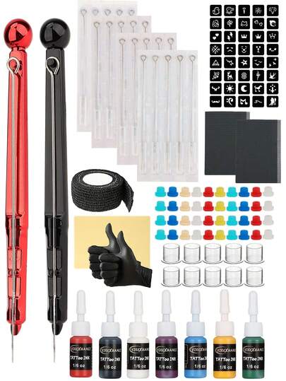 yikexuanli Complete Tattoo Kit, Includes Ink, Tattoo Needles, 7 Colors 5ml/0.5OZ Tattoo Ink, Stencil Templates, Tattoo Practice Skin, Black Tattoo Wrap, And Reliable Hand Poke Tattoo Tools, Suitable For Beginner Tattoo Artists