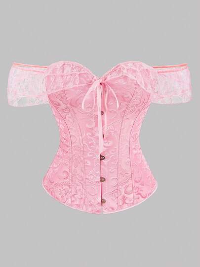 1pc Plus Size Women Vintage Palace Style Lace Bustier, Off-Shoulder Tie-Up Backless Bodycon Formal Dress, Wedding Attire