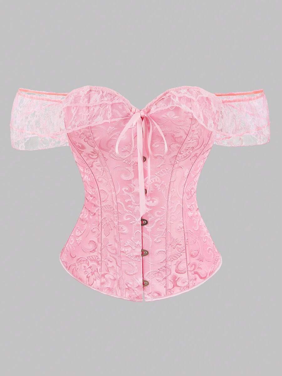 1件加大码女士复古宫廷风蕾丝胸衣，露肩系带露背紧身正式礼服，婚礼服饰 - 粉色 - 查看 1