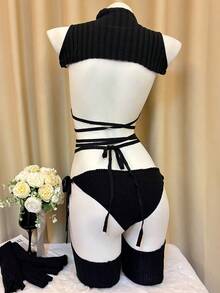 Sexy Cutout Knit Bikini Sweater Cosplay Set For Women – High Neck Anime-Inspired Doll Style Costume, 7-Piece Outfit With Top, Bikini, Gloves, Socks & Garter - 黑色 - 查看 10