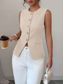 Women Casual Sleeveless Blazers Button Down Pockets Fitted Suit Vest Business Office Work Spring Summer Outfits Tops - 米色 - 查看 6