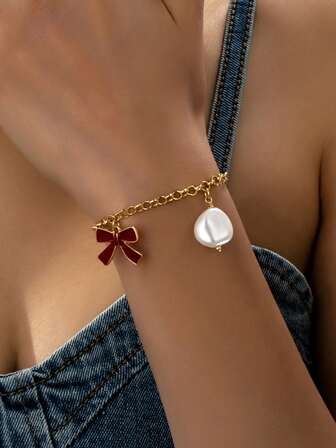 1 pieza Brazalete de lazo esmaltado de alta gama con joyería de perlas, pendientes rojos de moda, elegante pulsera de cadena