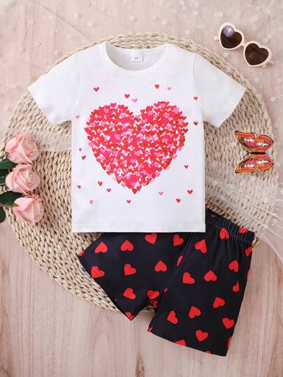 2pcs/Set Girls' Heart Print Short Sleeve T-Shirt And Shorts Set, Suitable For Spring/Summer Parties And Holidays, Perfect Gift For Granddaughter