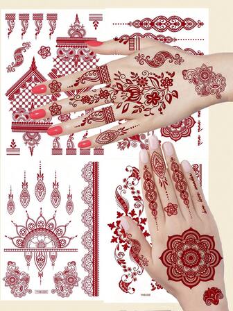 1 Sheet Ramadan Mubarak Kareem Red Brown Henna Temporary Tattoos For Women Hands Crescent Moon Flower Tattoo Sticker, Ramadan Fake Tattoos Fingers Feet Mehndi Vine Mandala Pendant Decals Islam Muslim Eid Al-Fitr Accessories
