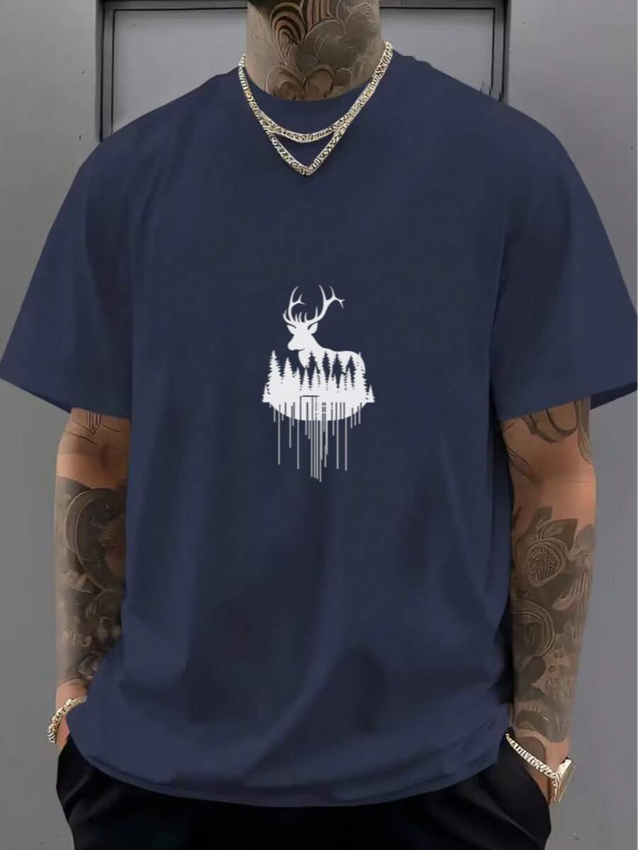 Essential Cotton T-Shirt With Simple Moose Pattern On White - Navy Blue - View 1