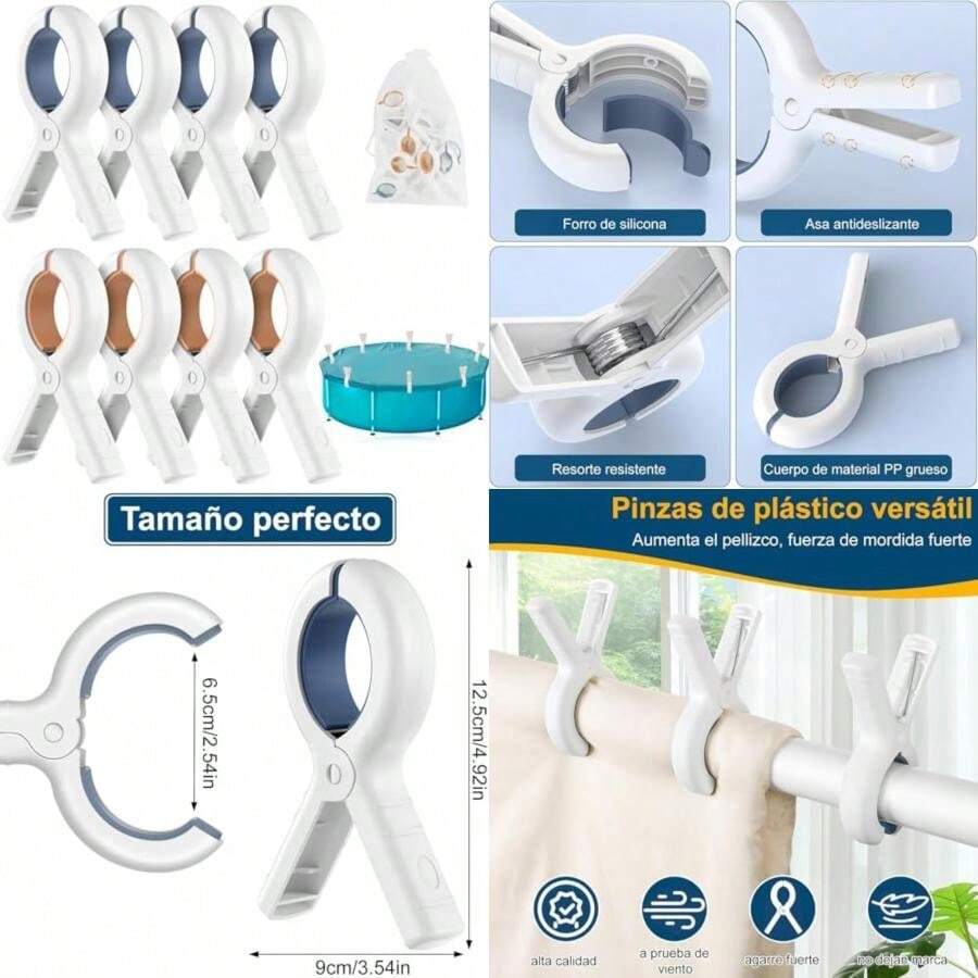 8 Pinzas para Ropa, Pinzas Grandes para Toallas de Playa de Resistencia Que No Dejan Marca con Bolsa Pinzas Ropa, Pinzas de plástico Clips para Tendedero, Calcetines, Toallas, Edredón(default) - Multicolor - Ver 1