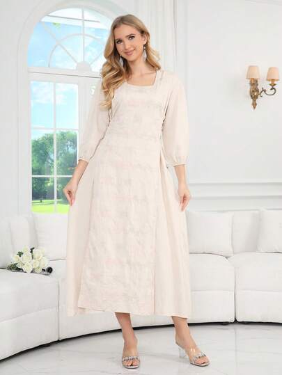 2026 New Style Ramadan Traditional Elegant Embroidered Colorful Arabic Women's Dress JALABIA, Square Neck, 3/4 Sleeve, Fashionable, Graceful, Noble