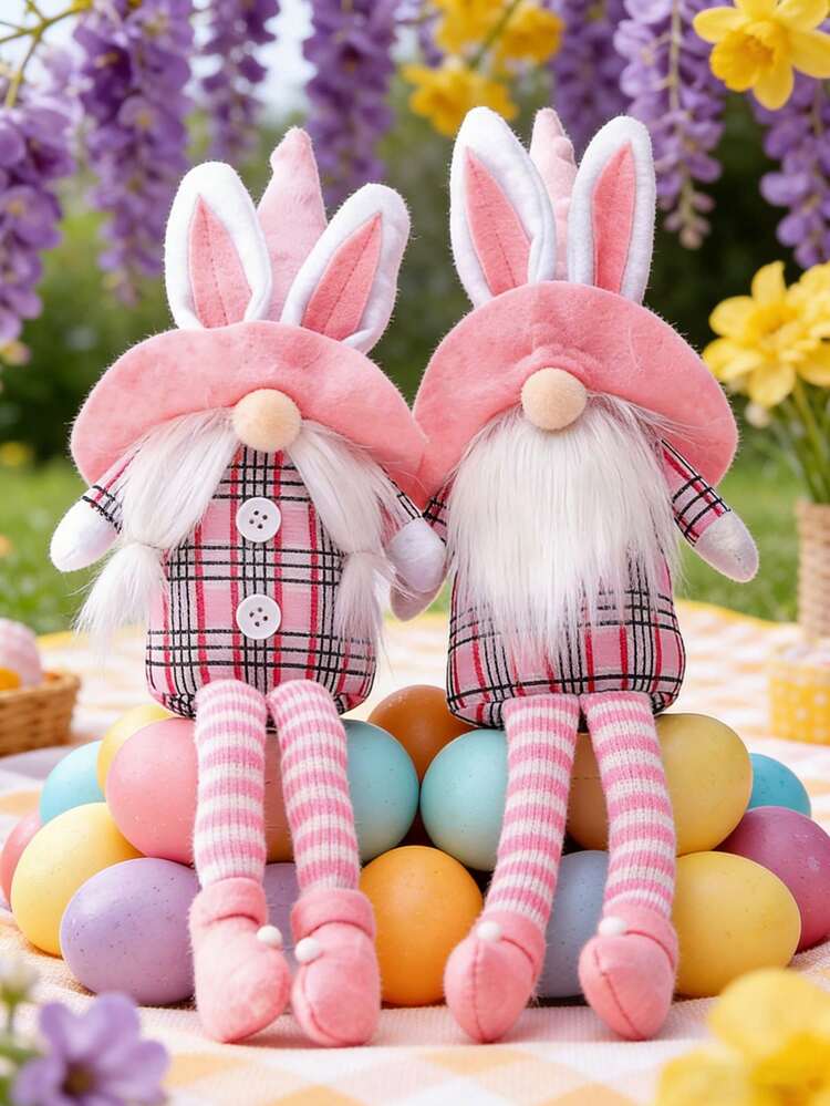 Classic Easter Gnome Decor, Long Leg Bunny Ear Easter Gnome With Carrot And Fresh Flowers, Gift For Wife And Mom, Swedish Bunny Desktop Figurine Multi-Tier Tray, Easter Bunny Decor, Easter Desktop Decor, Office Desk Accessory, Spring Fireplace Mantel Decoration - Multicolor - View 1