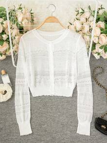 Spring/Summer New White Hollow Out Round Neck Sheer Sexy Vibe Cover Up Autumn/Winter New Unique Starfish & Shell Texture Slim Fit Thin Casual Cover Up, Suitable For Dates And Vacations - White - View 6