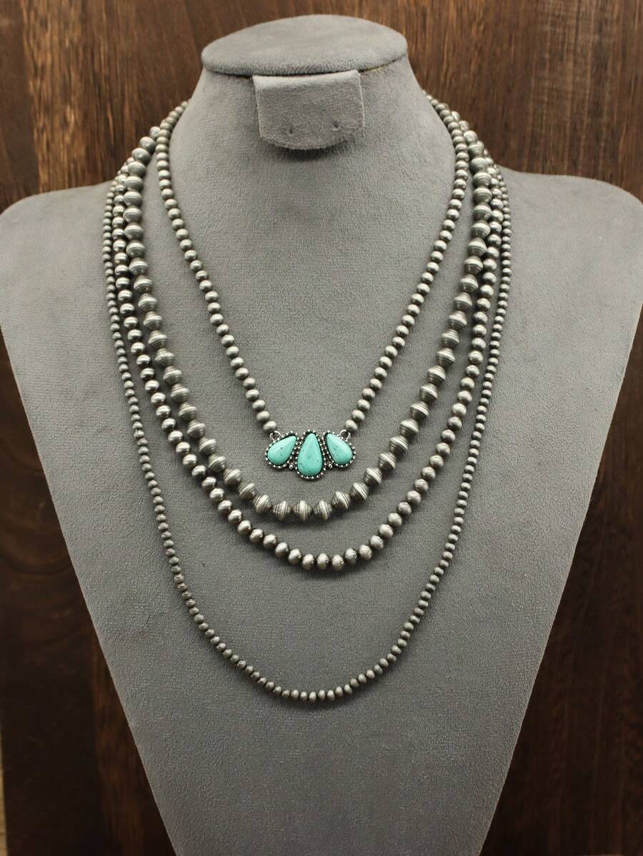 4-Layer Beaded Necklace, Fashionable Unisex Statement Long Necklace - Antique Silver - View 1