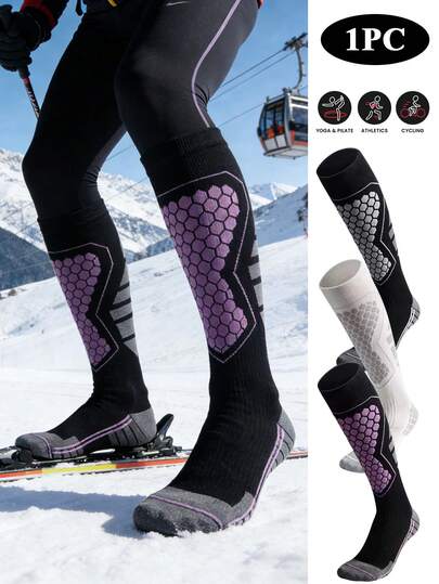1 par de calcetines de esquí de invierno de moda con bloques de color, calcetines deportivos atléticos con acolchado de rizo grueso y absorción de impactos, mangas de compresión elásticas y altas para la pantorrilla, mangas de compresión para el tobillo y la pantorrilla transpirables para correr, senderismo, ciclismo, baloncesto, tenis