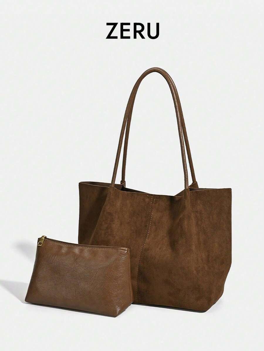 Túi xách da lộn cổ điển dung tích lớn thời trang, túi đeo vai thường ngày tiện dụng, hàng mới về năm 2026, bộ sưu tập Thu/Đông. - màu nâu - Xem 1