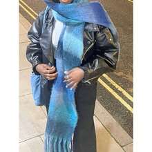 1pc Leopard Print Autumn/Winter Fashion Striped Plaid Fleece Warm Women Boucle Deep Brown Wool Thick Scarf, Warm Acrylic Scarf Like Cashmere, Bohemian Casual Windproof Couple Shawl, Comfortable Blanket Scarf, Suitable For Daily Wear For Dress - 藍色 - 查看 2