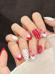 10片红白波点甜美手工亚克力按压式美甲贴片，红白星形装饰，短款杏仁形假指甲，DIY美甲用品，可重复使用，附赠果冻胶和指甲锉，适合日常佩戴 - 紅色 - 查看 2