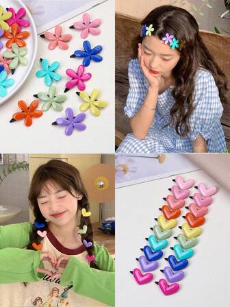 20pcs/Pack Assorted Color Flower, Heart Shaped Hair Clips & Pins For Girls, Suitable For Daily Life, Valentine's Day, Back To School