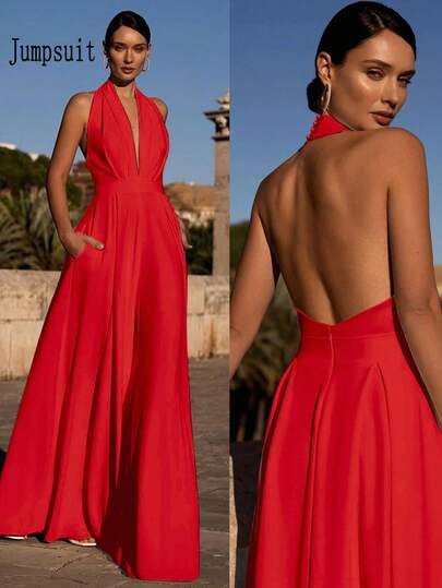 Solid Color Knit Backless Jumpsuit For Wedding, Holiday, Party