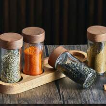 4件套调料罐，日式圆形玻璃调味罐配红木盖，厨房盐和香料收纳容器 - 無色 - 查看 7
