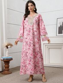 女士花卉印花钩编拼接长袖长袍，优雅A字型卡夫坦长袍，适合晚宴、婚礼宾客、周年纪念、春假日常穿着 - 彩色 - 查看 8