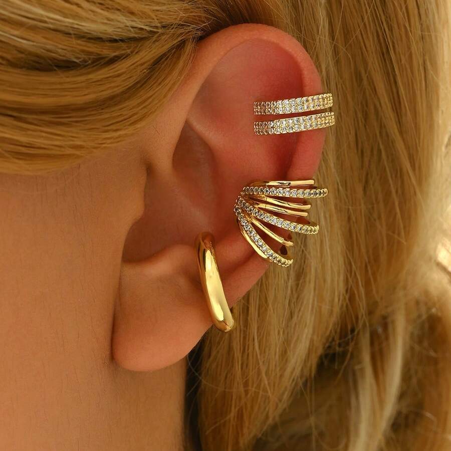 3 Delicate Fake Ear Piercing Clip-On Earrings Set, Unisex Fashion, Faux Studded, 18k Gold Plated, 925 Silver - Vàng - Xem 1