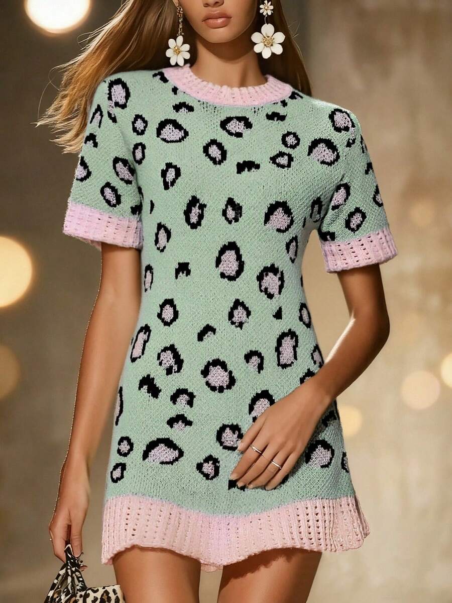 春夏女装时尚优雅都市现代海滩度假风多色波点豹纹印花圆领波浪下摆短袖迷你连衣裙，女士夏季连衣裙，春季套装，女士派对连衣裙，女士沙滩连衣裙，外出套装，办公室度假连衣裙 - 彩色 - 查看 1