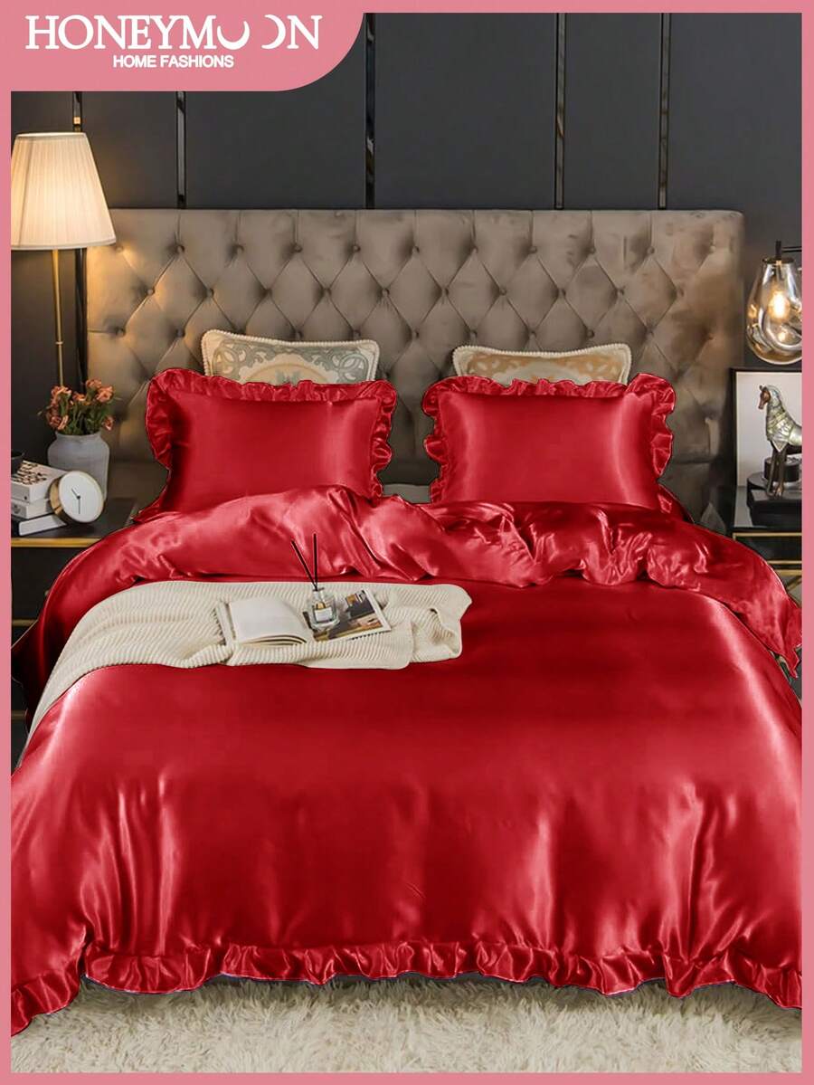 2/3pcs Luxury Satin Ruffle Duvet Cover Set, Includes 1pc Duvet Cover And 1/2pcs Pillow Shams, Luxurious Silk-Like Material, Soft & Breathable, Fits Twin, Full, Queen, King Beds, Machine Washable, Oeko-Tex Certified - Red - View 1