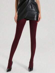 1 Pair Women's 120D Velvet Burgundy Opaque Tights, Warm And Elegant Choice For Winter - Burgundy - View 1