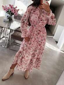 Women's Elegant Floral Print Bohemian Style Ruffle Hem Beach Vacation Dress Spring - Baby Pink - View 2