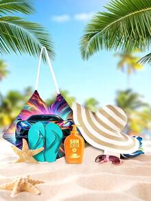 1pc Car Pattern Microfiber Beach Towel, Foldable Into A Beach Bag, With Pockets For Glasses And Phone, Quick Drying Beach Chair Cover, Convenient To Carry Pool Towel